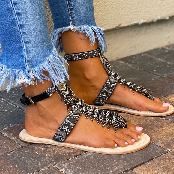 Leather Hand Beaded Gladiator T Strap Sandals - Picture 11 of 14
